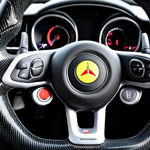 Home 15 **Image of a Formula 1 steering wheel:** Close-up, showcasing the intricate button layout, carbon fiber material, and Alcantara grips. Focus on the ergonomic design tailored for driver comfort and control.