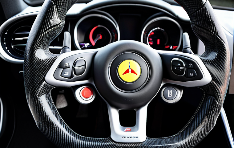 **Image of a Formula 1 steering wheel:** Close-up, showcasing the intricate button layout, carbon fiber material, and Alcantara grips. Focus on the ergonomic design tailored for driver comfort and control.