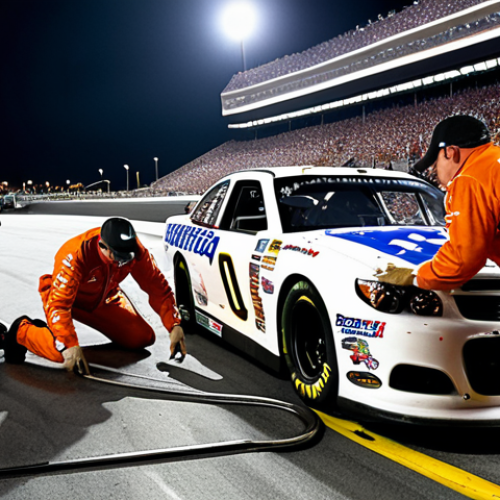 Home 14 A dramatic, low-angle shot of a NASCAR pit stop in action. Focus on the coordinated movements of the pit crew servicing the race car. Emphasize speed and precision. Include details like sparks flying from the impact wrench, and the intense expressions of the crew members. Consider a night race setting with bright stadium lights for added visual impact. *Keywords: NASCAR, pit stop, racing, mechanics, speed, precision, night race, action.*