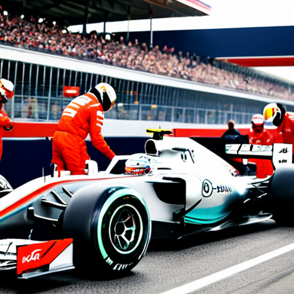 F1 역사적 사건 - Modern F1 Pit Stop**
"A bustling Formula 1 pit stop scene during a race, mechanics in team uniforms...