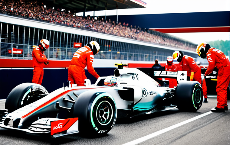 F1 역사적 사건 - Modern F1 Pit Stop**
"A bustling Formula 1 pit stop scene during a race, mechanics in team uniforms...