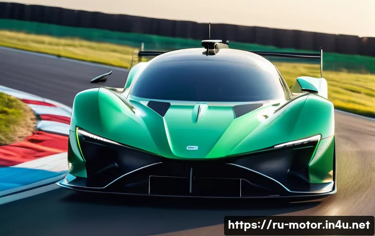 모터스포츠의 생태계 보호 캠페인 - A futuristic, sleek racing car, possibly with design elements hinting at organic or plant-based aest...