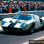 르망 24시 역사 - A dynamic, action-packed scene from the 1960s Le Mans race, featuring an iconic Ford GT40 in close p...