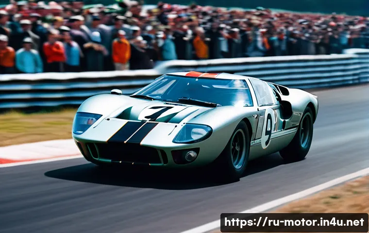 르망 24시 역사 - A dynamic, action-packed scene from the 1960s Le Mans race, featuring an iconic Ford GT40 in close p...