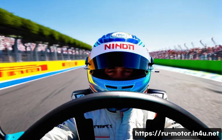 F1 타이어 전략 - **Prompt:** A dynamic, eye-level shot from inside a Formula 1 cockpit, looking forward through the w...