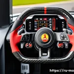 F1 스티어링 휠 기능 설명 - Hyper-realistic close-up of a modern Formula 1 steering wheel in a racing cockpit, showing detailed ...