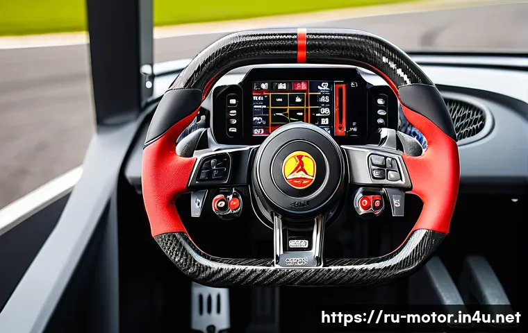 F1 스티어링 휠 기능 설명 - Hyper-realistic close-up of a modern Formula 1 steering wheel in a racing cockpit, showing detailed ...