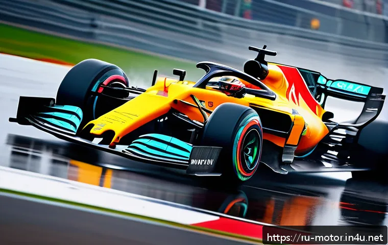 F1 머신의 전자 제어 시스템 - Hyper-realistic Formula 1 race car navigating a sharp corner on a wet track, showcasing advanced ada...
