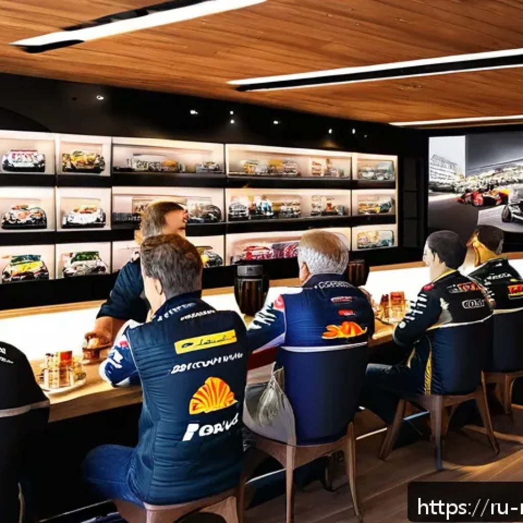 F1 팬클럽 활동 - A lively scene inside a cozy Russian café where a diverse group of Formula 1 fans, dressed casually ...