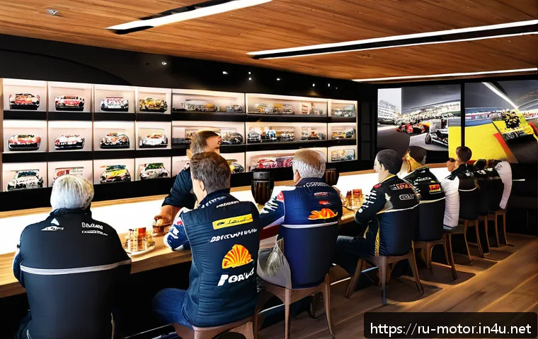 F1 팬클럽 활동 - A lively scene inside a cozy Russian café where a diverse group of Formula 1 fans, dressed casually ...