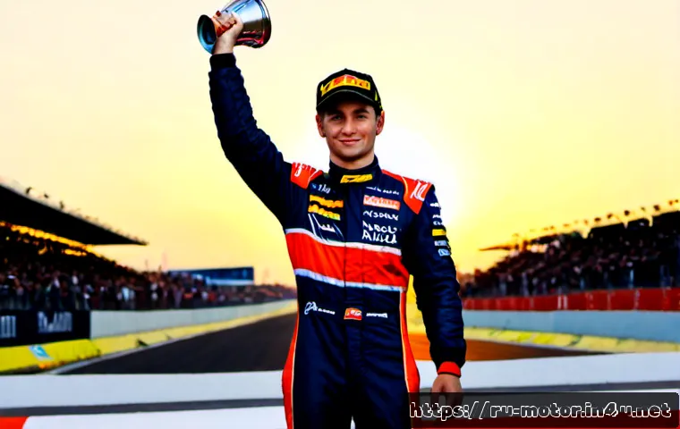 Home 17 맥스 베르스타펜 커리어 하이라이트 - Photorealistic high-energy Formula 1 career highlight scene, a young Dutch-style racing driver in a ...