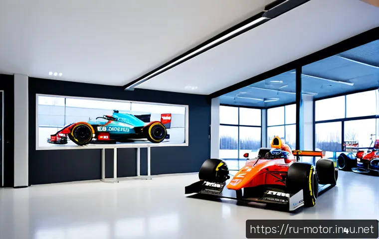 Home 17 F1 레이싱 팀의 내부 구조 - Photorealistic cutaway view inside a modern Formula-style racing team headquarters, showing a clear ...