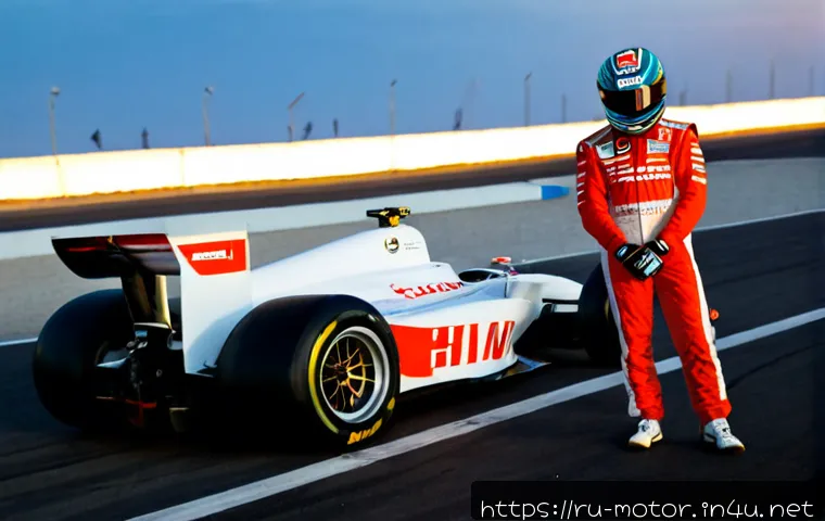 모터스포츠 드라이버들의 명언 - Photorealistic motorsport driver in a clean modern racing suit with no logos, standing beside a slee...